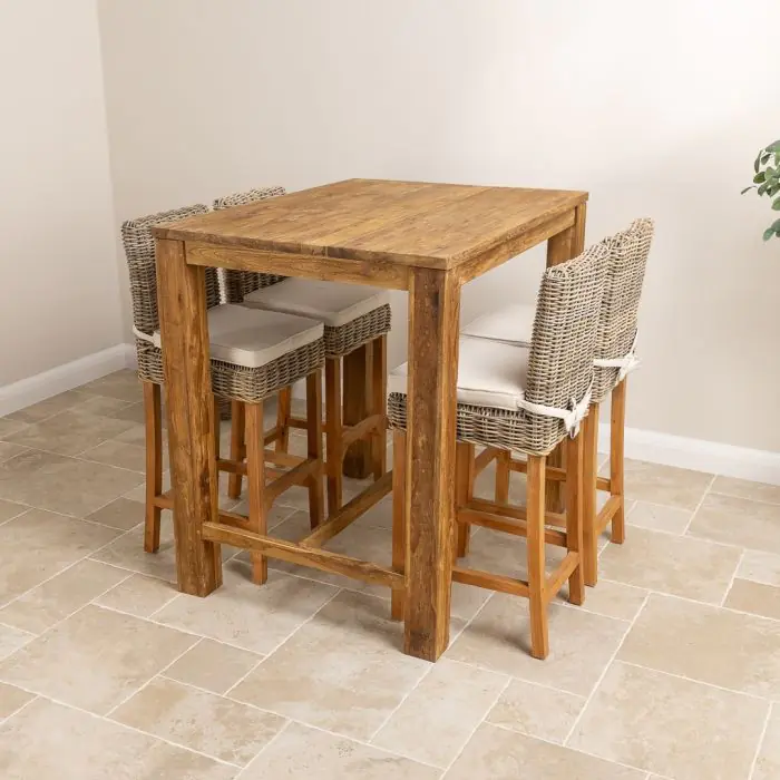 1.2m Reclaimed Teak Rectangular Bar Table with 4 Kubu Wicker Bar Stools - 4