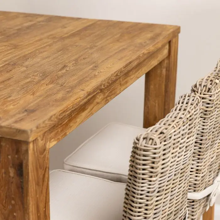 1.2m Reclaimed Teak Rectangular Bar Table with 4 Kubu Wicker Bar Stools - 12