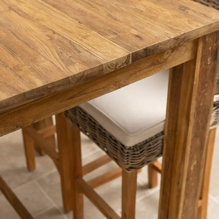 1.2m Reclaimed Teak Rectangular Bar Table with 4 Kubu Wicker Bar Stools - 13