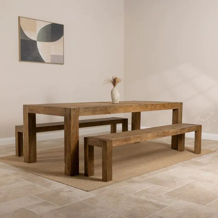 2.4m Reclaimed Elm Chunky Style Dining Table with 2 Backless Benches - 2