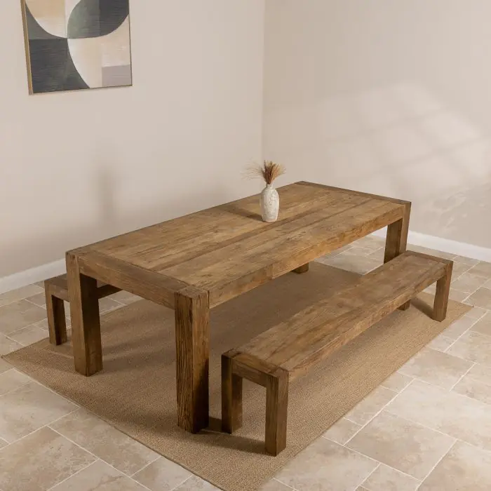 2.4m Reclaimed Elm Chunky Style Dining Table with 2 Backless Benches - 1