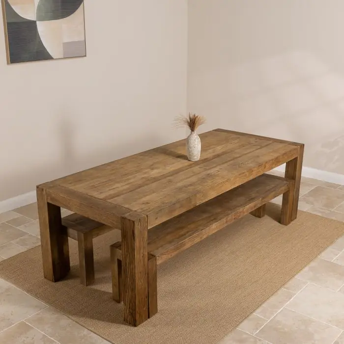 2.4m Reclaimed Elm Chunky Style Dining Table with 2 Backless Benches - 3