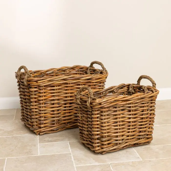 Small Natural Wicker Rectangular Log Basket with Rope Handles - 1