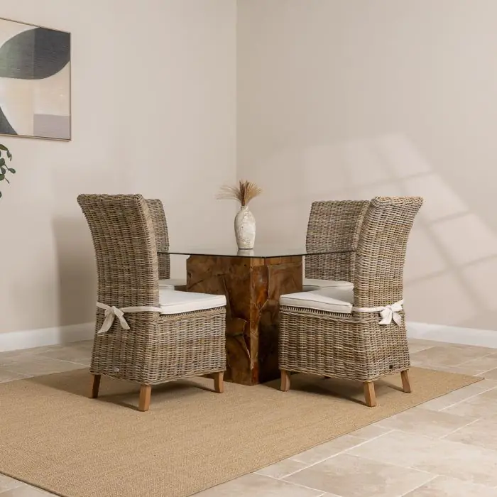 1.2m Reclaimed Teak Root Square Block Dining Table with 4 Latifa Chairs - 3