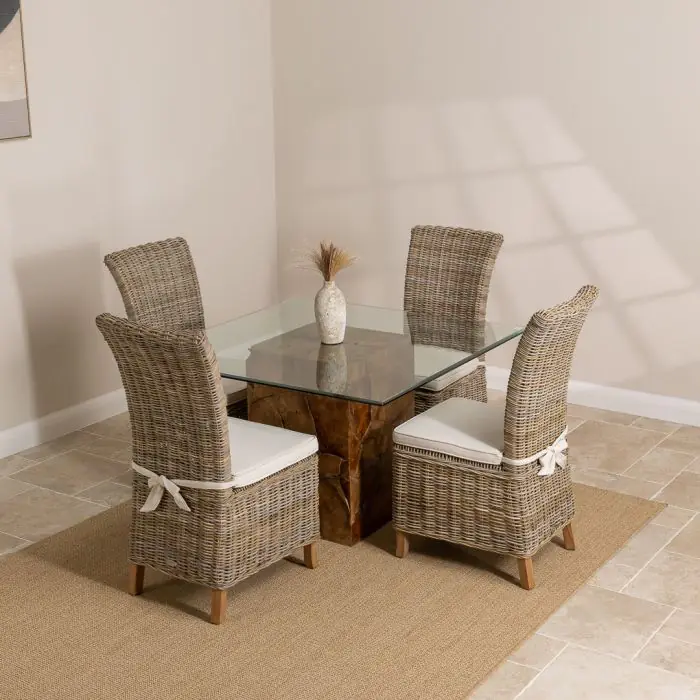 1.2m Reclaimed Teak Root Square Block Dining Table with 4 Latifa Chairs - 2