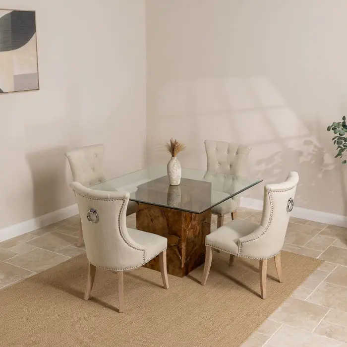 1.2m Reclaimed Teak Root Square Block Dining Table With 4 Windsor Chairs - 5