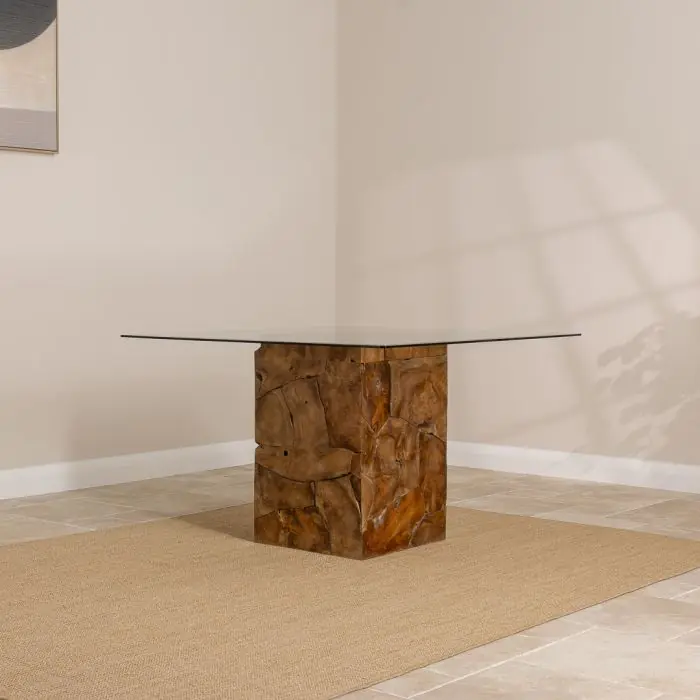 1.2m Reclaimed Teak Root Square Block Dining Table With 4 Windsor Chairs - 8