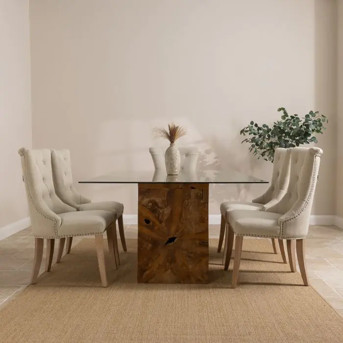 1.8m Reclaimed Teak Root Rectangular Block Dining Table with 6 Windsor Chairs - 1