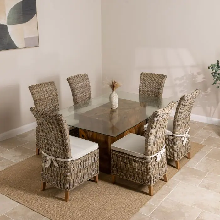 1.8m Reclaimed Teak Root Rectangular Block Dining Table with 6 Latifa Chairs - 2