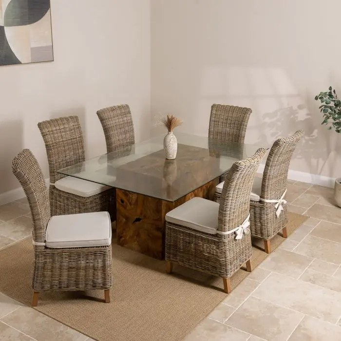 1.8m Reclaimed Teak Root Rectangular Block Dining Table with 6 Latifa Chairs - 3
