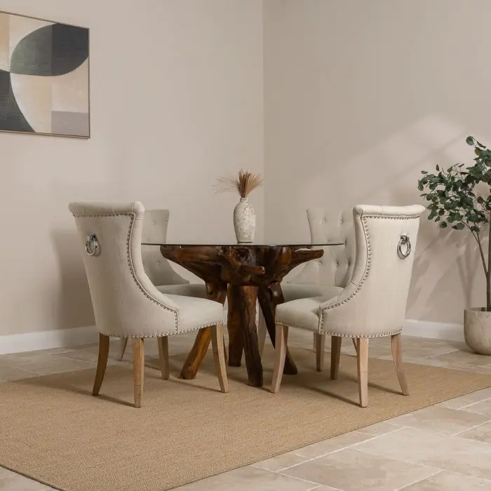 1.2m Reclaimed Teak Root Circular Dining Table with 4 Windsor Ring Back Dining Chairs - 4