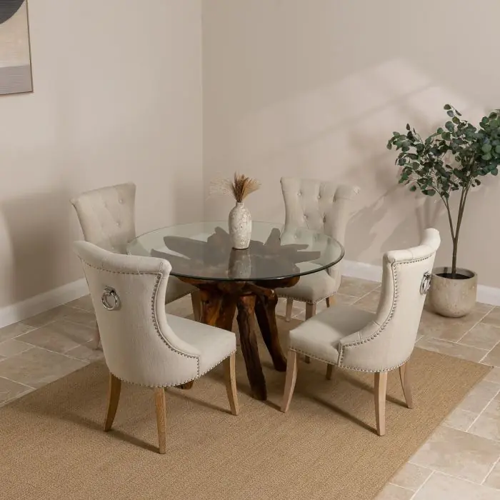 1.2m Reclaimed Teak Root Circular Dining Table with 4 Windsor Ring Back Dining Chairs - 0