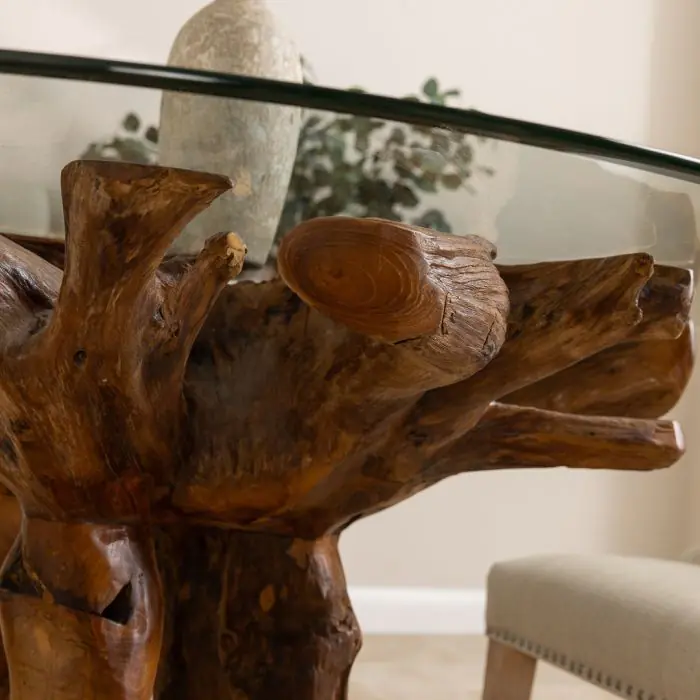 1.2m Reclaimed Teak Root Circular Dining Table with 4 Windsor Ring Back Dining Chairs - 14