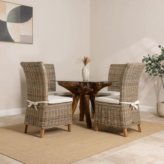 1.2m Reclaimed Teak Root Circular Dining Table with 4 Latifa Chairs - 2