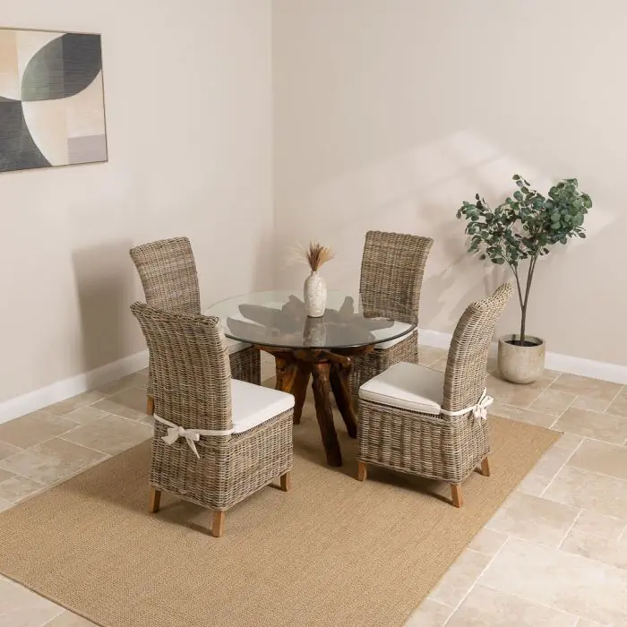 1.2m Reclaimed Teak Root Circular Dining Table with 4 Latifa Chairs - 1