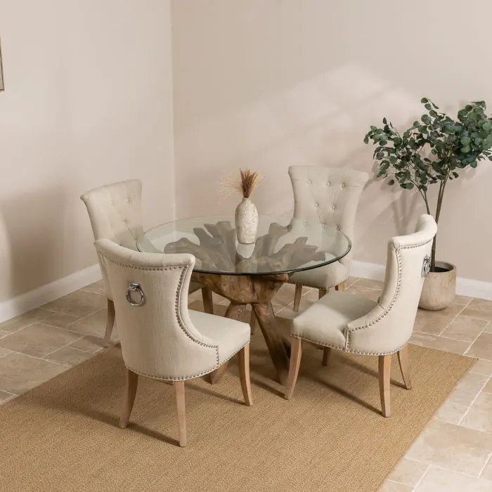 1.2m Reclaimed Teak Root Circular Dining Table with 4 Windsor Ring Back Dining Chairs - 17