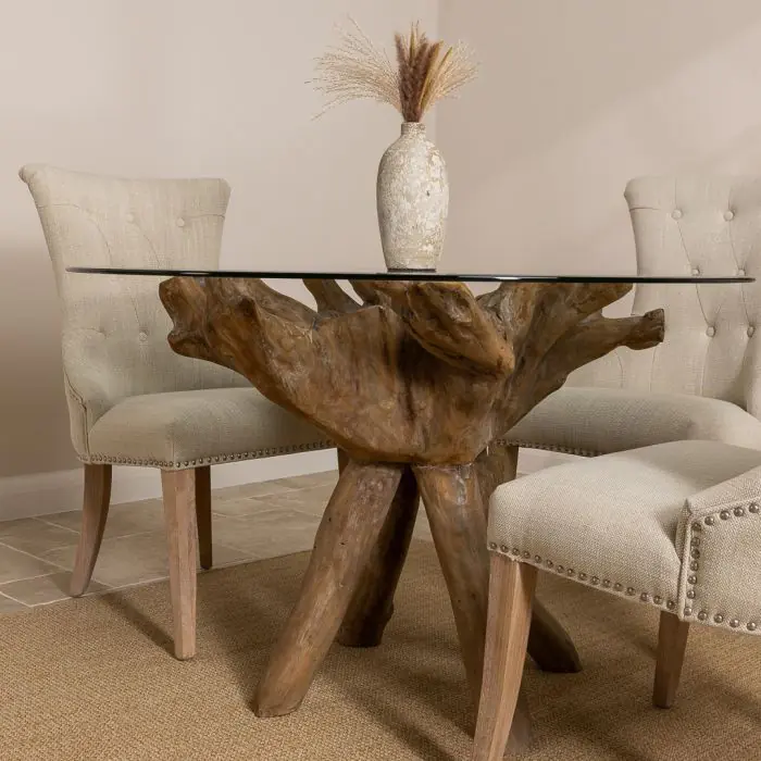 1.2m Reclaimed Teak Root Circular Dining Table with 4 Windsor Ring Back Dining Chairs - 18