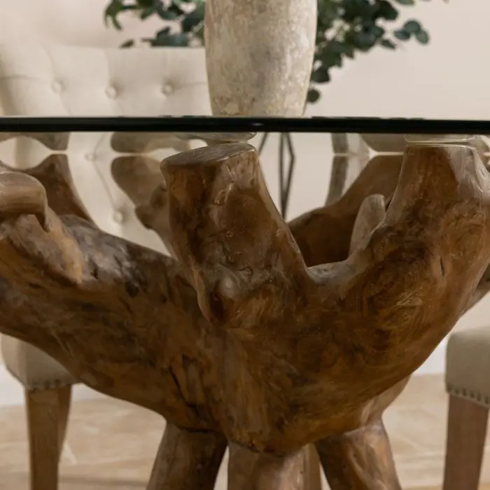 1.2m Reclaimed Teak Root Circular Dining Table with 4 Windsor Ring Back Dining Chairs - 3