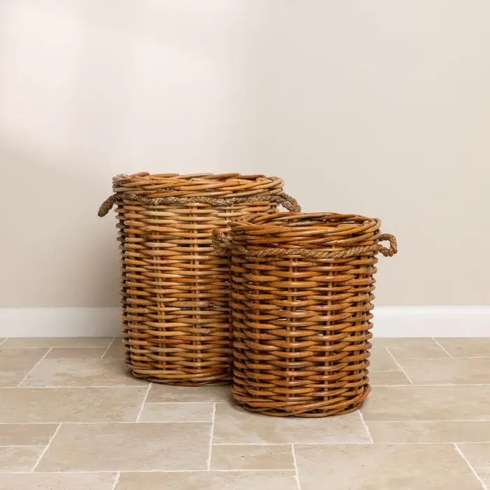 Small Natural Wicker Circular Log Basket with Rope Handles - 1