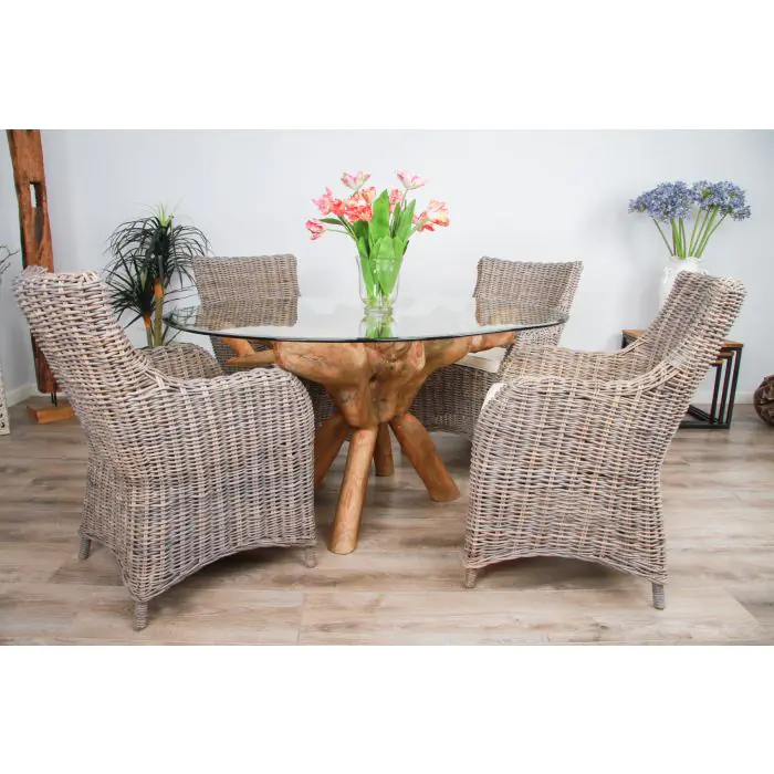 1.5m x 1.2m Reclaimed Teak Root Oval Dining Table with 4 Donna Armchairs - 3