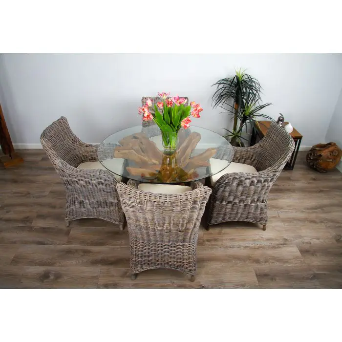 1.2m Reclaimed Teak Root Circular Dining Table with 4 Donna Armchairs - 0