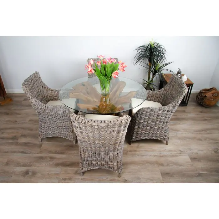1.2m Reclaimed Teak Root Circular Dining Table with 4 Donna Armchairs - 2