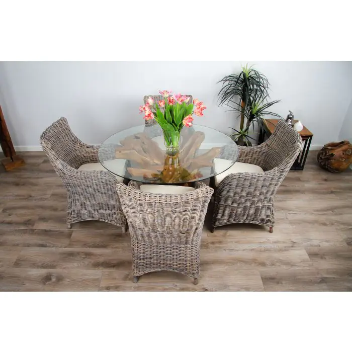 1.2m Reclaimed Teak Root Circular Dining Table with 4 Donna Armchairs - 3