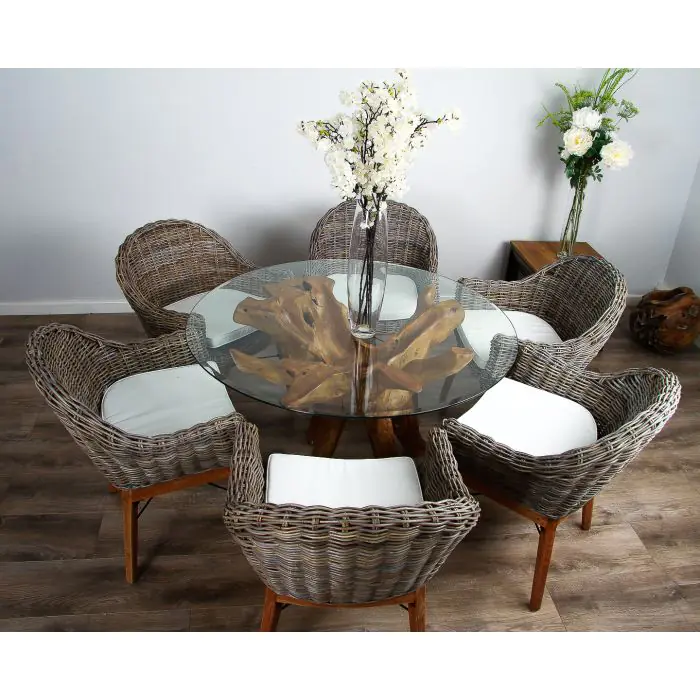 1.2m Reclaimed Teak Root Circular Dining Table with 4 Scandi Armchairs  - 2