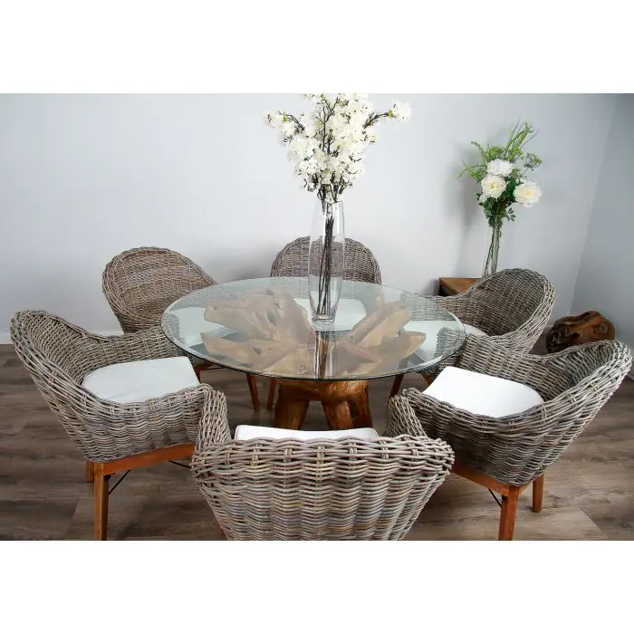 1.2m Reclaimed Teak Root Circular Dining Table with 4 Scandi Armchairs  - 1