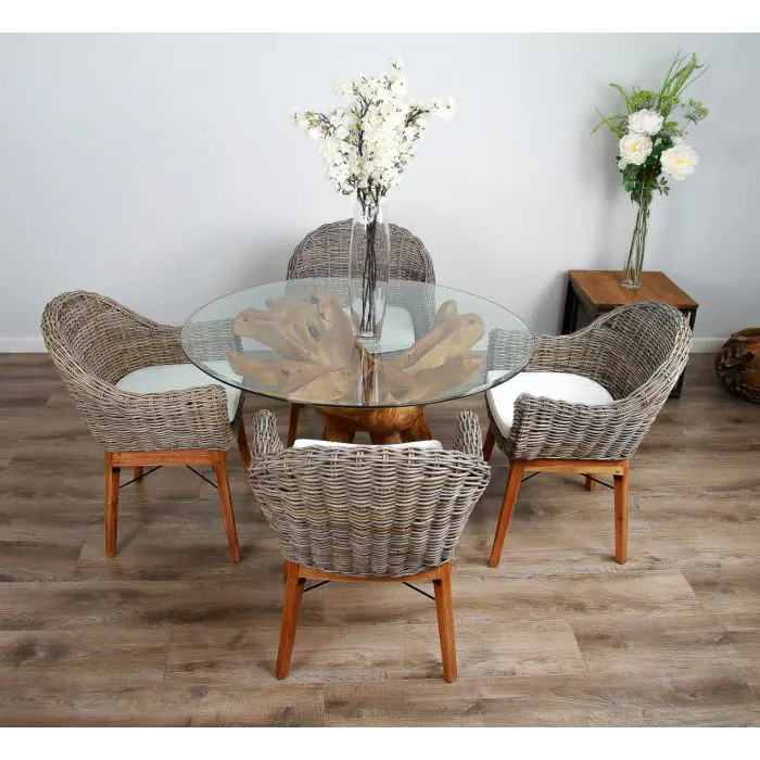 1.2m Reclaimed Teak Root Circular Dining Table with 4 Scandi Armchairs  - 0