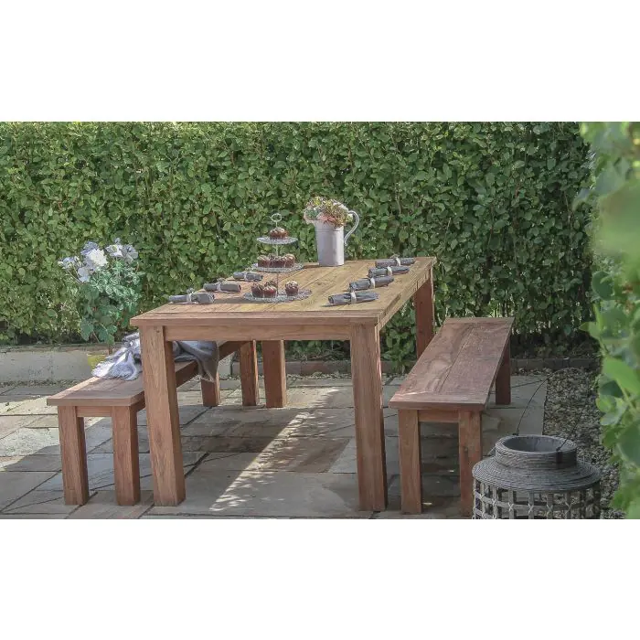 2m Reclaimed Teak Outdoor Open Slatted Table with 2 Backless Benches  - 1
