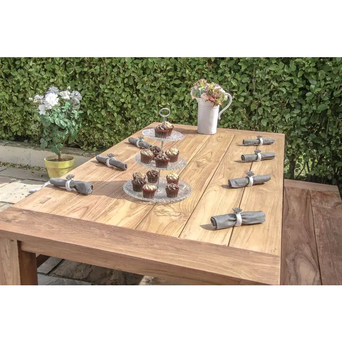 2m Reclaimed Teak Outdoor Open Slatted Table with 2 Backless Benches  - 2