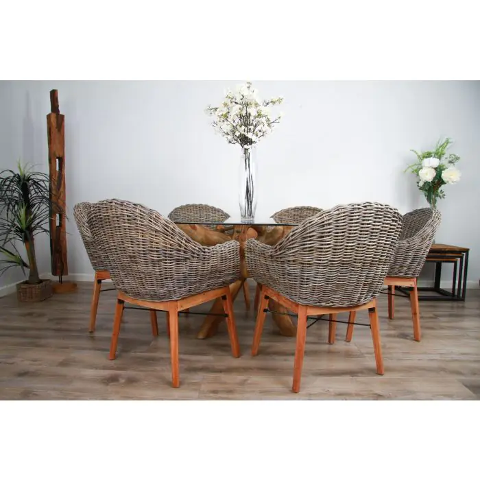1.5m x 1.2m Reclaimed Teak Root Oval Dining Table with 4 Scandi Chairs - 9
