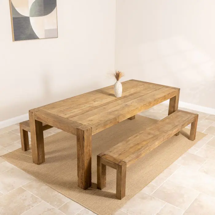 2.4m Reclaimed Elm Chunky Style Dining Table with 2 Backless Benches - 2
