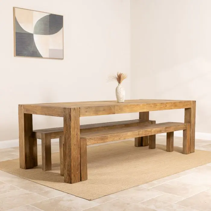2.4m Reclaimed Elm Chunky Style Dining Table with 2 Backless Benches - 1