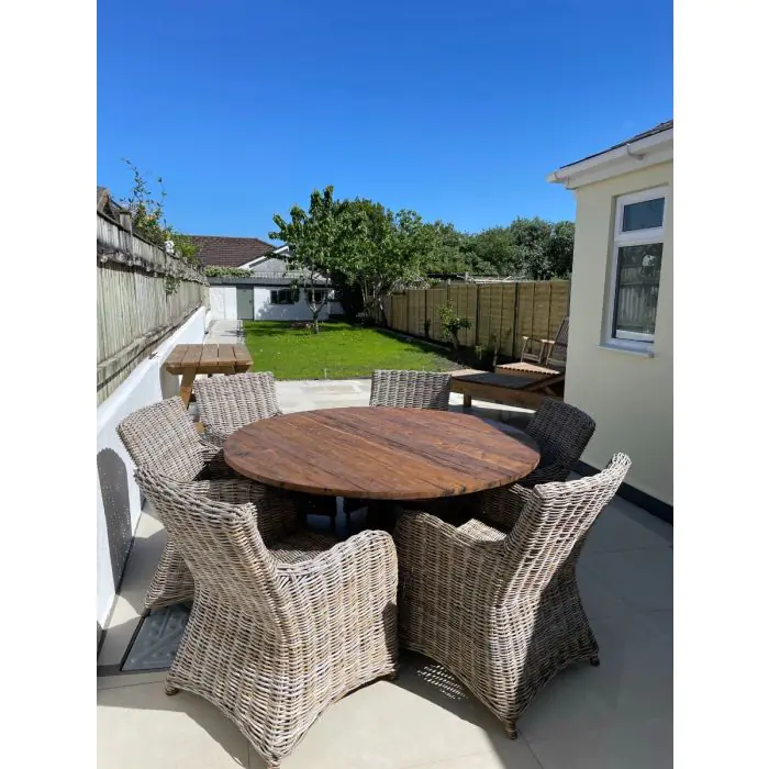 1.5m Reclaimed Teak Outdoor Open Slatted Dartmouth Table with 6 Donna Armchairs - 8