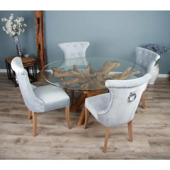 1.5m x 1.2m Reclaimed Teak Root Oval Dining Table with 4 Windsor Ring Back Dining Chairs - 8