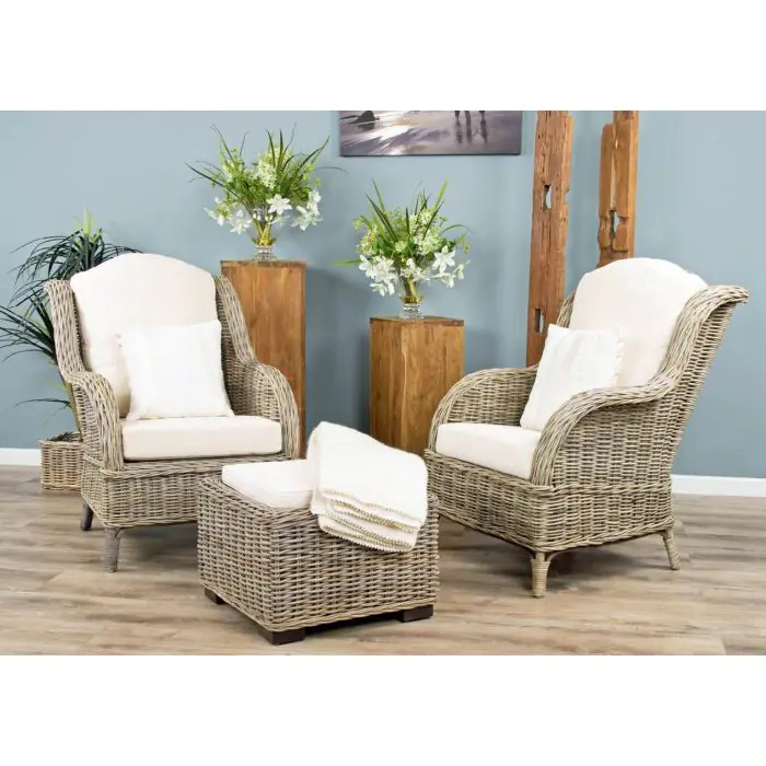 2 Jumo Natural Wicker Armchairs and Footstool Set - 2