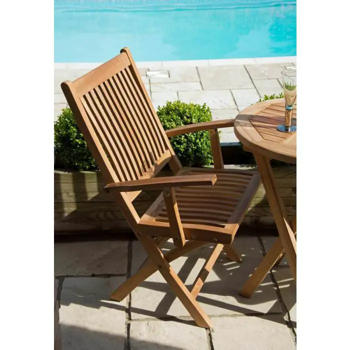 60cm Teak Circular Folding Table with 2 Kiffa Folding Chairs - 5