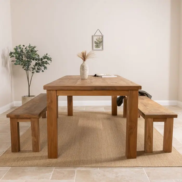 2.4m Reclaimed Teak Mexico Dining Table with 2 Backless Benches - 2