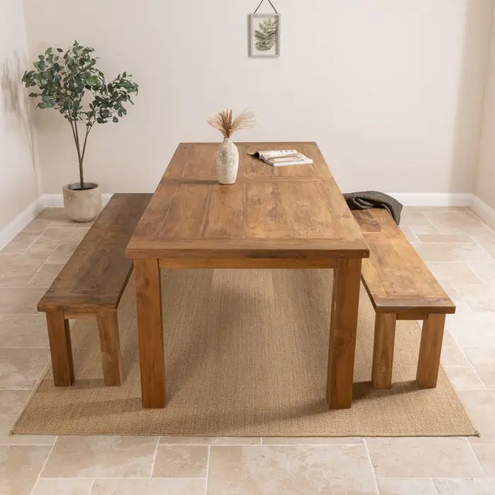 2.4m Reclaimed Teak Mexico Dining Table with 2 Backless Benches - 3