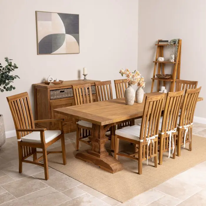 2.4m Reclaimed Teak Monastery Dining Table with 6 Santos Chairs and 2 Armchairs - 1