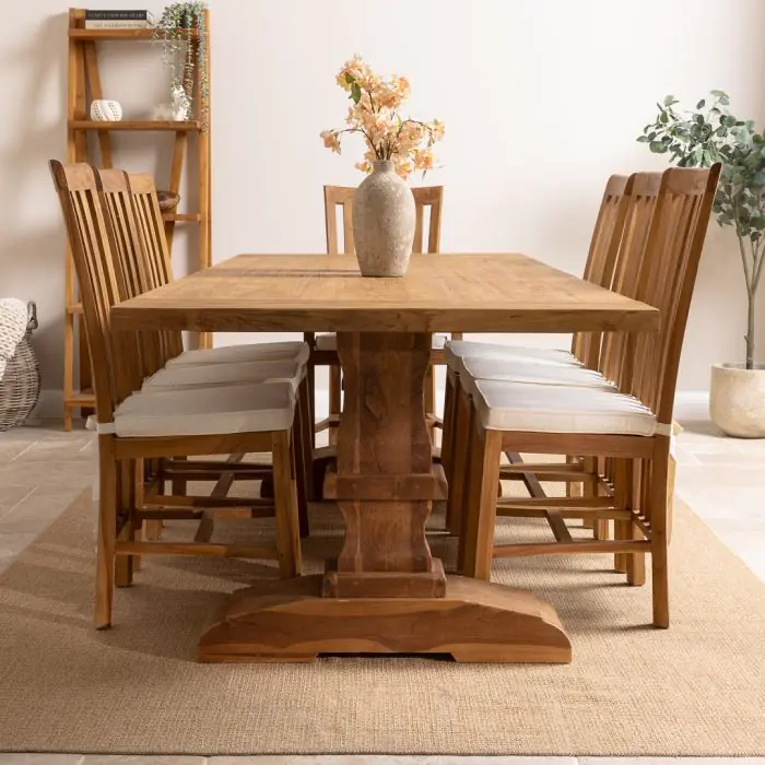 2.4m Reclaimed Teak Monastery Dining Table with 6 Santos Chairs and 2 Armchairs - 3