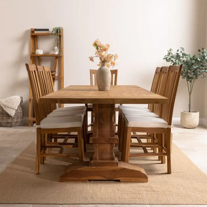 2.4m Reclaimed Teak Monastery Dining Table with 6 Santos Chairs and 2 Armchairs - 4