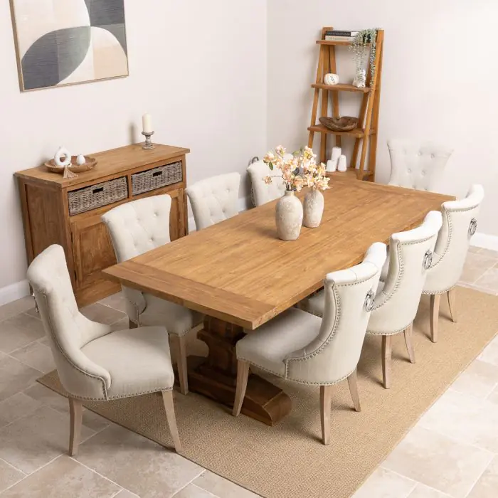 2.4m Reclaimed Teak Monastery Dining Table with 8 Windsor Ring Back Chairs - 0