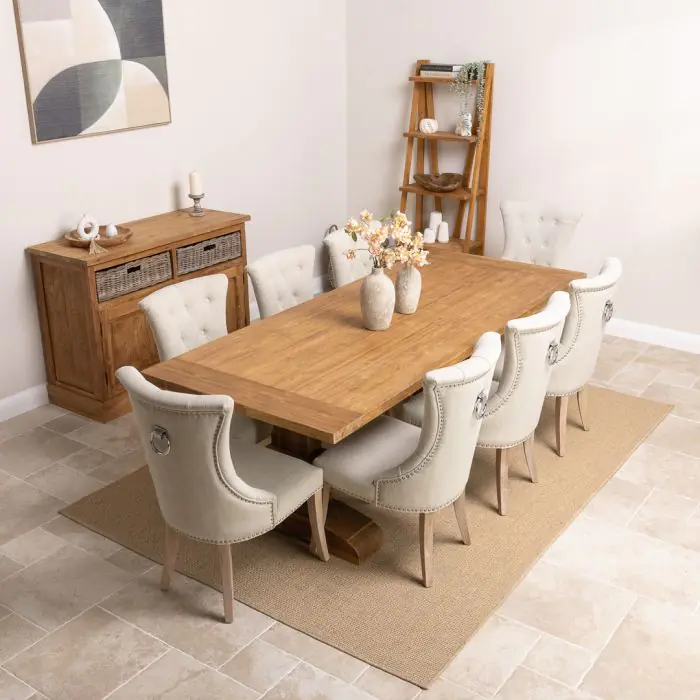 2.4m Reclaimed Teak Monastery Dining Table with 8 Windsor Ring Back Chairs - 2
