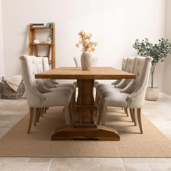 2.4m Reclaimed Teak Monastery Dining Table with 8 Windsor Ring Back Chairs - 3