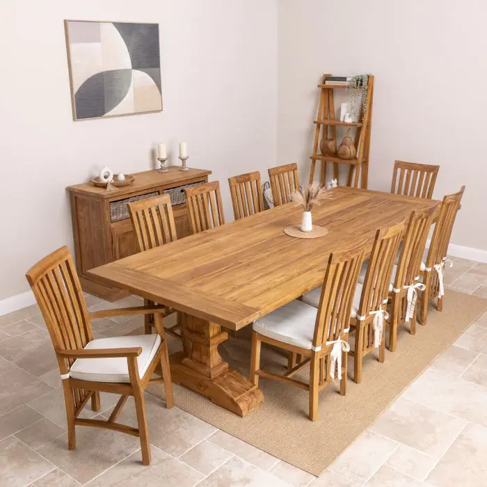 3m Monastery Reclaimed Teak Dining Table with 8 Santos Chairs and 2 Armchairs - 1