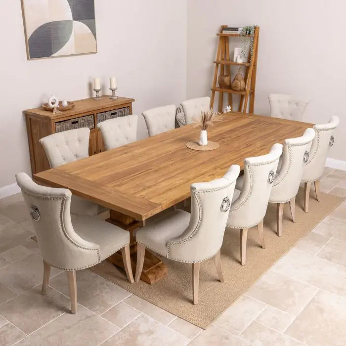 3m Reclaimed Teak Monastery Dining Table with 10 Windsor Ring Back Chairs - 1