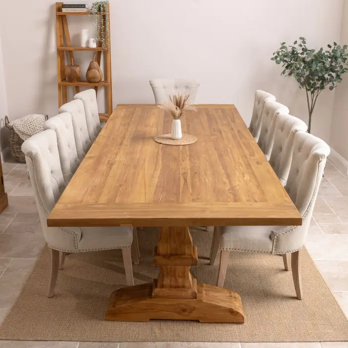 3m Reclaimed Teak Monastery Dining Table with 10 Windsor Ring Back Chairs - 4